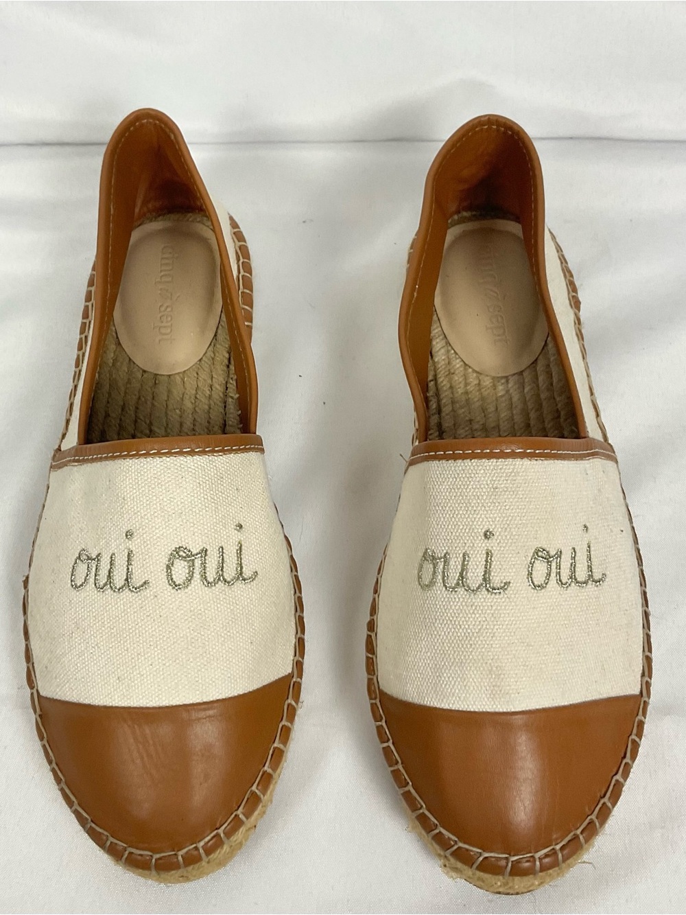 Cinq à Sept Jenna Canvas Espadrille Flats "Oui Oui" Cognac Leather Sz 41 US 10